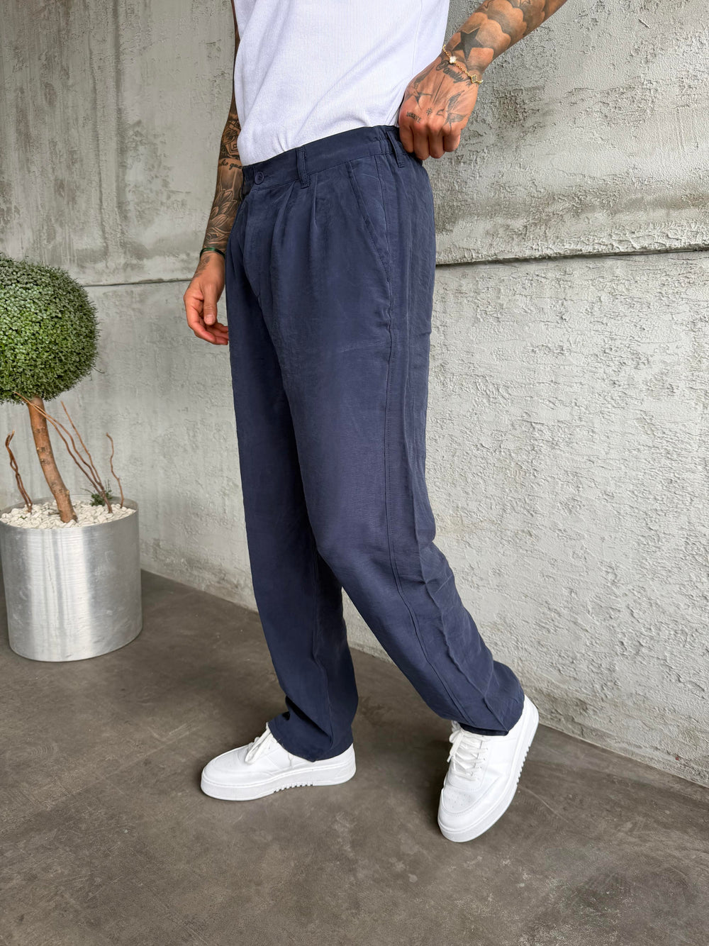 Lacivert Pileli Modal Kumaş Baggy Pantolon