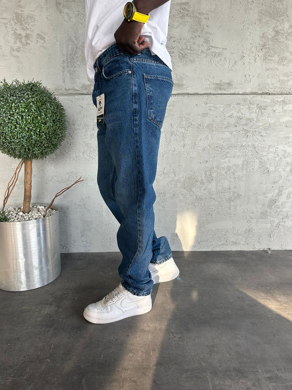 Lacivert Taşlamalı Baggy Jean