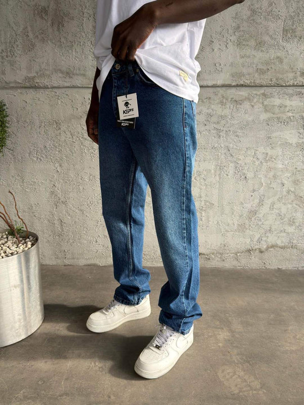 Lacivert Taşlamalı Baggy Jean