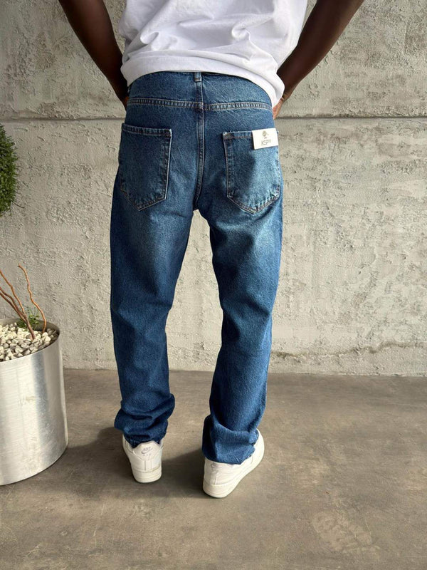 Lacivert Taşlamalı Baggy Jean