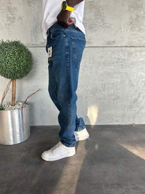 Lacivert Taşlamalı Baggy Jean