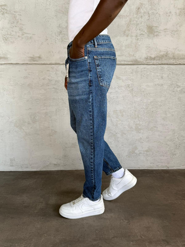 Lacivert Taşlamalı Boyfriend Jean