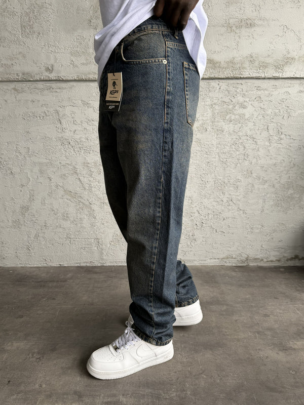 Lacivert Yıkamalı Baggy Jean