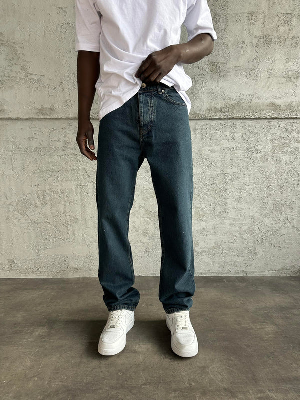 Lacivert Yıkamalı Baggy Jean