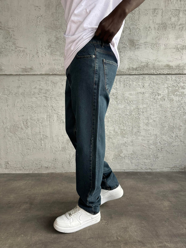 Lacivert Yıkamalı Baggy Jean
