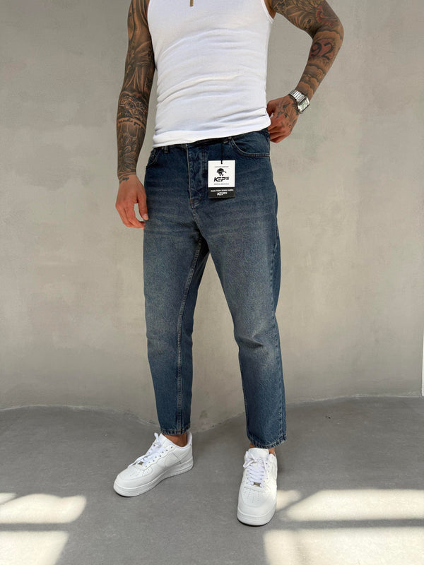 Lacivert Yıkamalı Boyfriend Jean