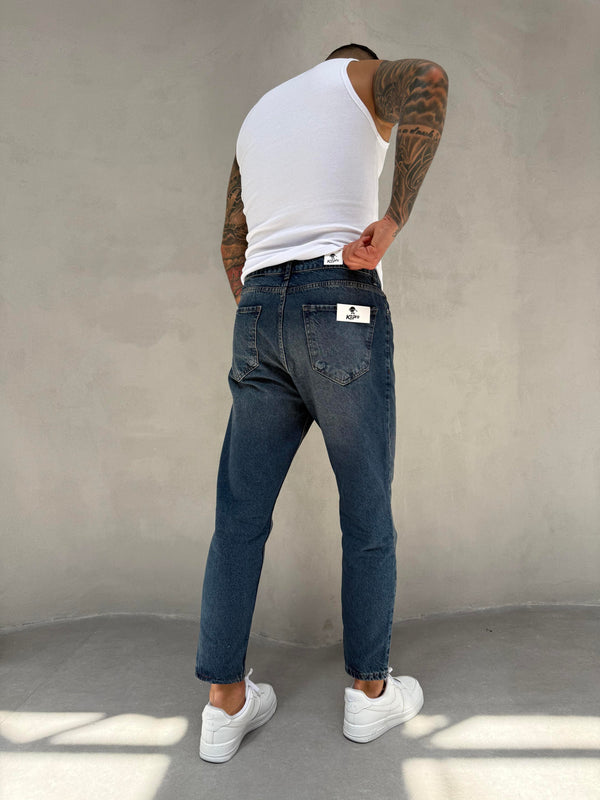 Lacivert Yıkamalı Boyfriend Jean