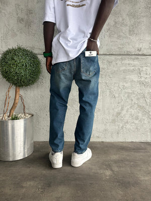 Lacivert Yıkamalı Boyfriend Jean