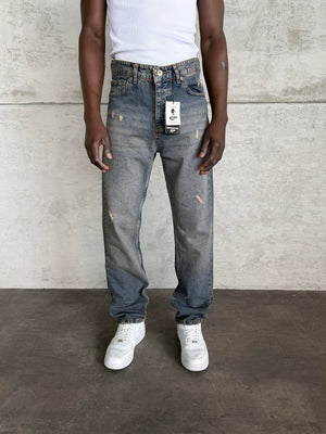 Lacivert Yıkamalı Lazer Detaylı Baggy Jean