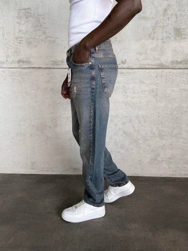 Lacivert Yıkamalı Lazer Detaylı Baggy Jean