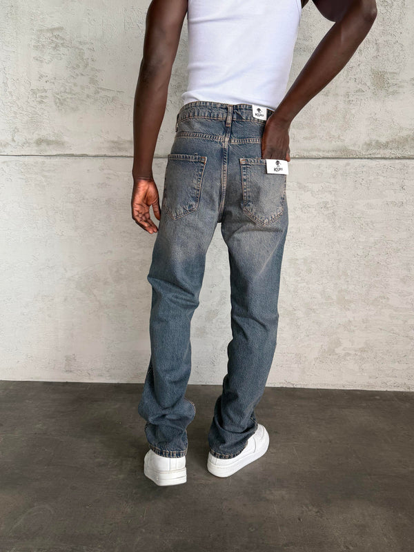 Lacivert Yıkamalı Lazer Detaylı Baggy Jean