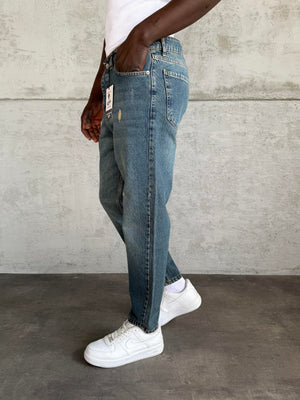 Lacivert Yıkamalı Lazerli Boyfriend Jean