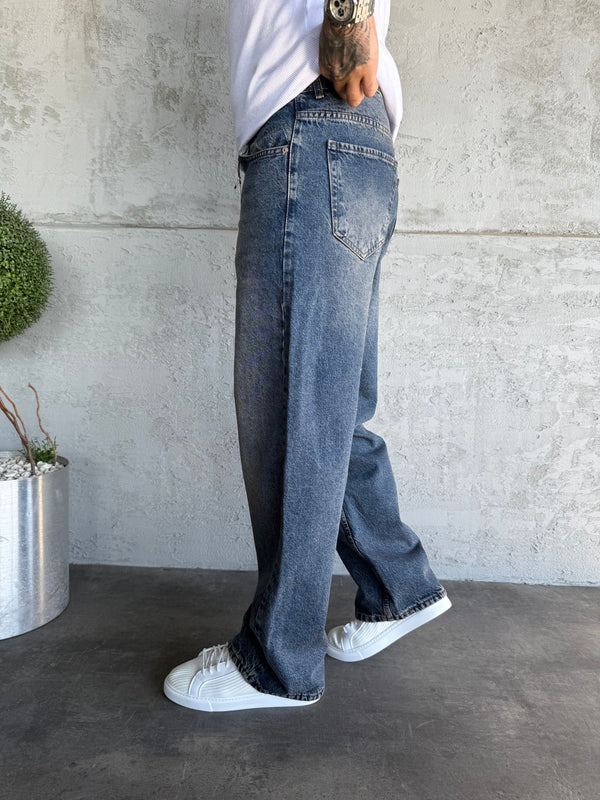 Lacivert Yıkamalı Relax Baggy Jean