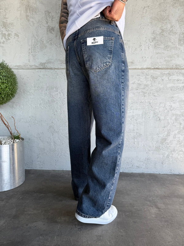 Lacivert Yıkamalı Relax Baggy Jean