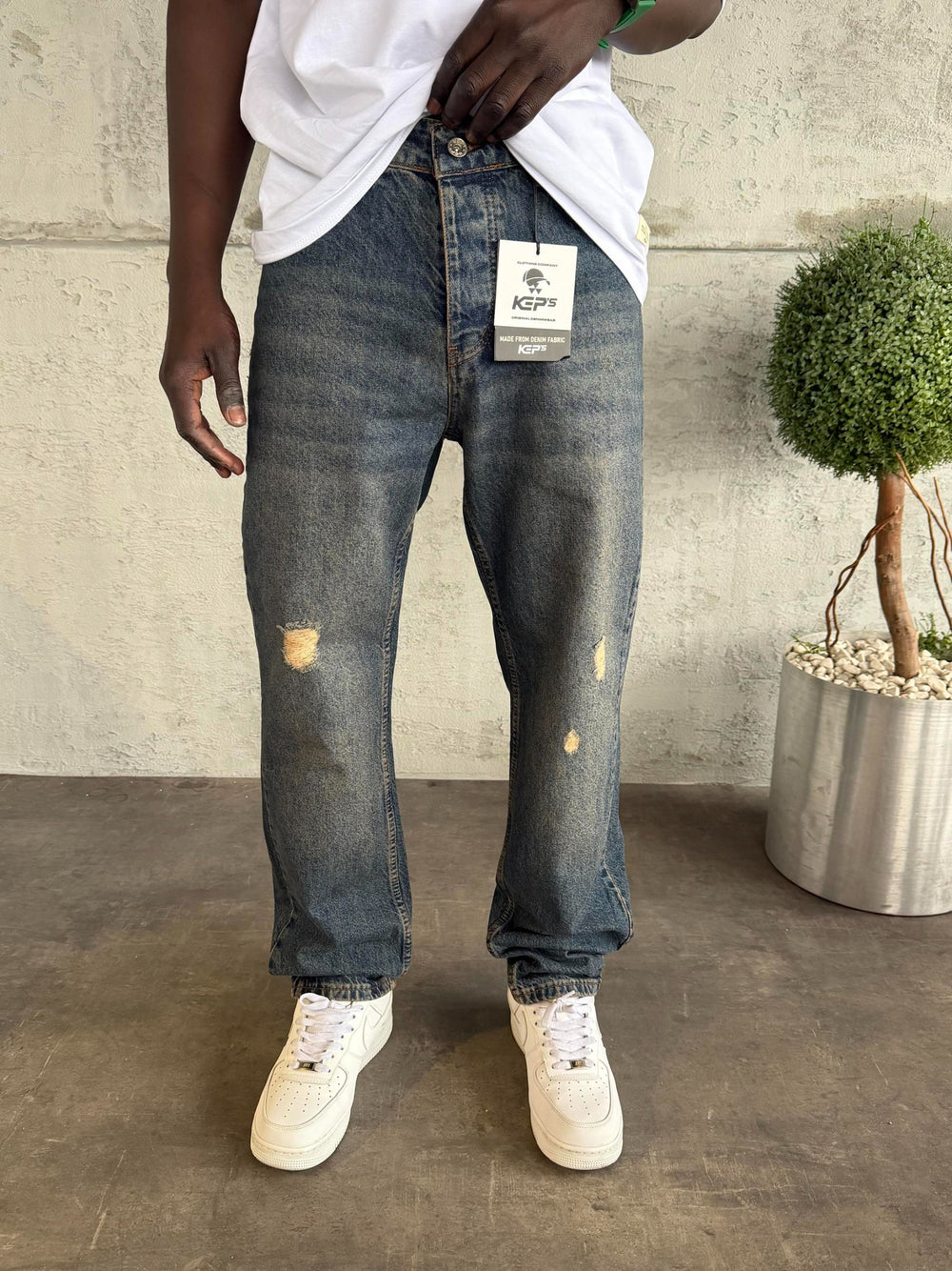 Lacivert Yıkamalı Yırtık Detaylı Baggy Jean