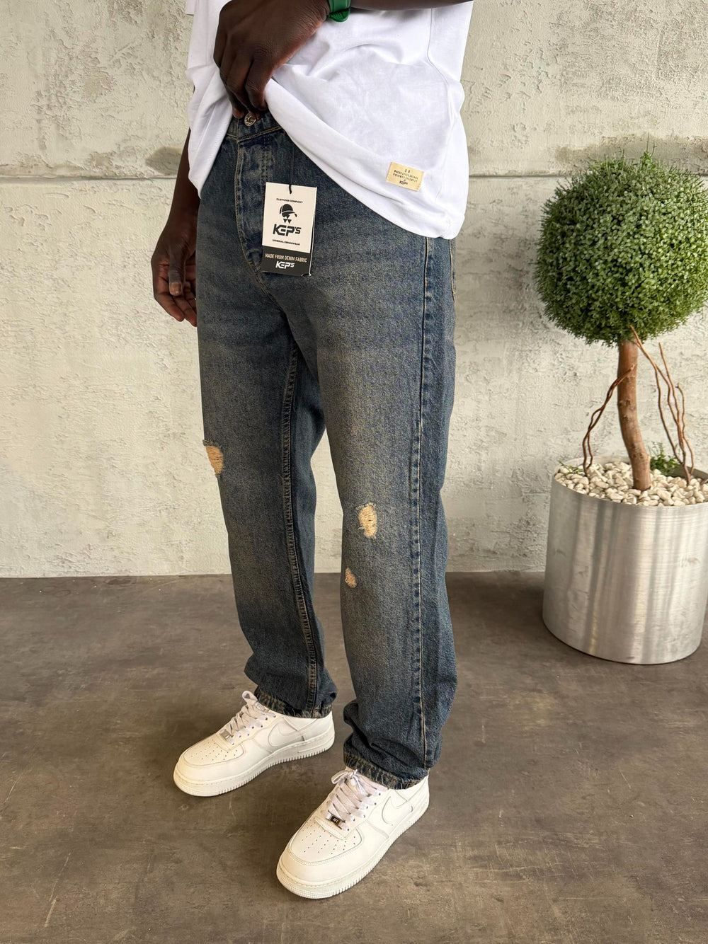 Lacivert Yıkamalı Yırtık Detaylı Baggy Jean