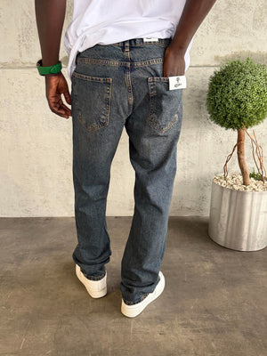 Lacivert Yıkamalı Yırtık Detaylı Baggy Jean