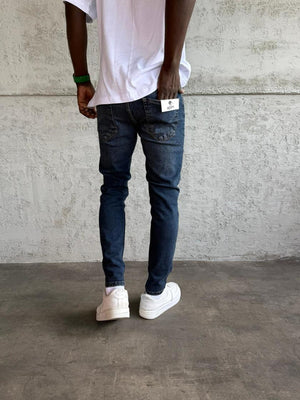 Lacivert Yıkamalı Yırtık Detaylı Slimfit Jean