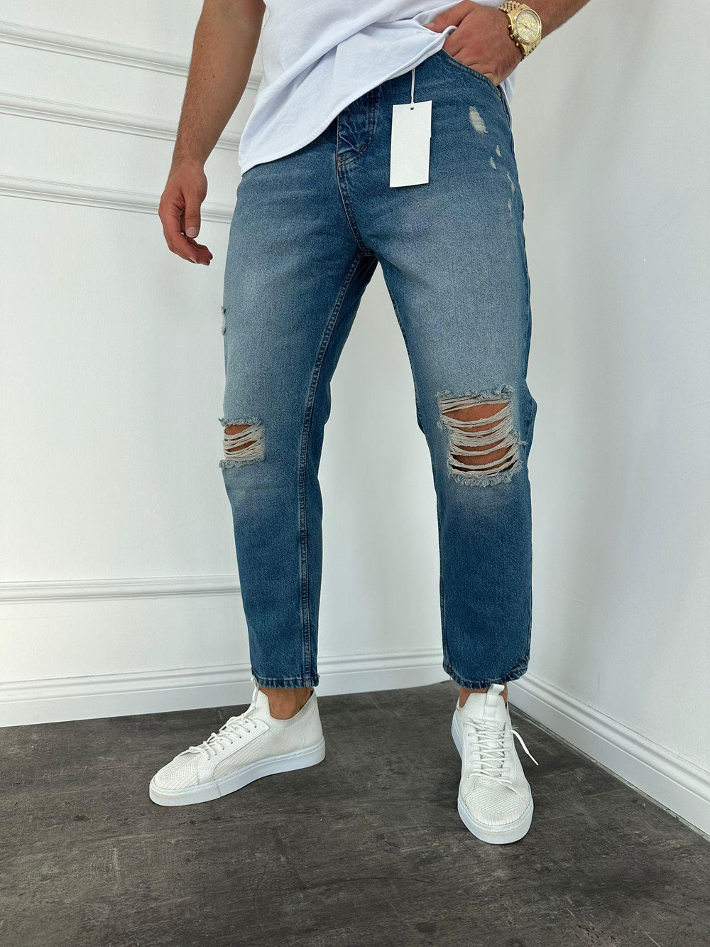 Mavi Diz Yırtık Boyfriend Jean