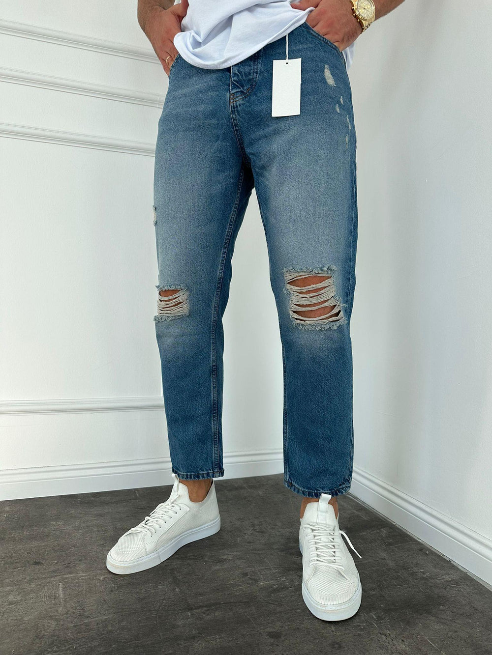 Mavi Diz Yırtık Boyfriend Jean