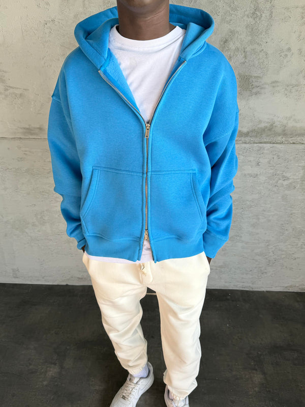 Mavi Kapüşonlu Fermuarlı Sweatshirt