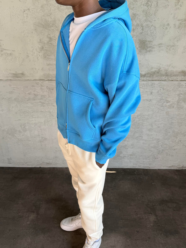 Mavi Kapüşonlu Fermuarlı Sweatshirt