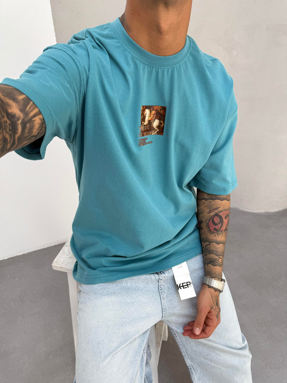 Mavi Oversize Baskılı T-Shirt