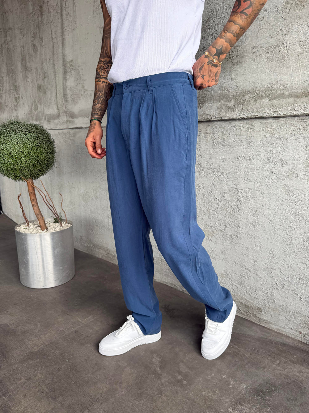 Mavi Pileli Modal Kumaş Baggy Pantolon