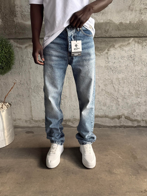 Mavi Taşlamalı Baggy Jean