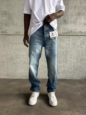 Mavi Taşlamalı Lazer Detaylı Baggy Jean