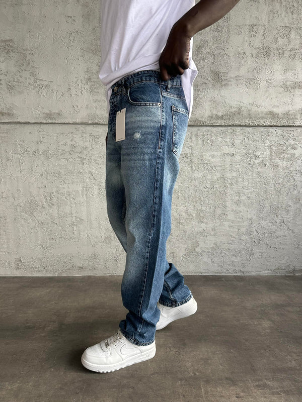 Mavi Taşlamalı Lazer Detaylı Baggy Jean