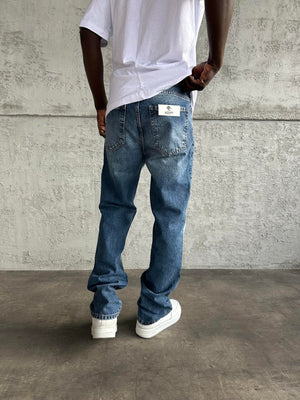 Mavi Taşlamalı Lazer Detaylı Baggy Jean