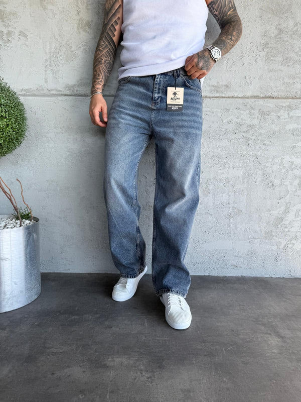 Mavi Taşlamalı Relax Baggy Jean