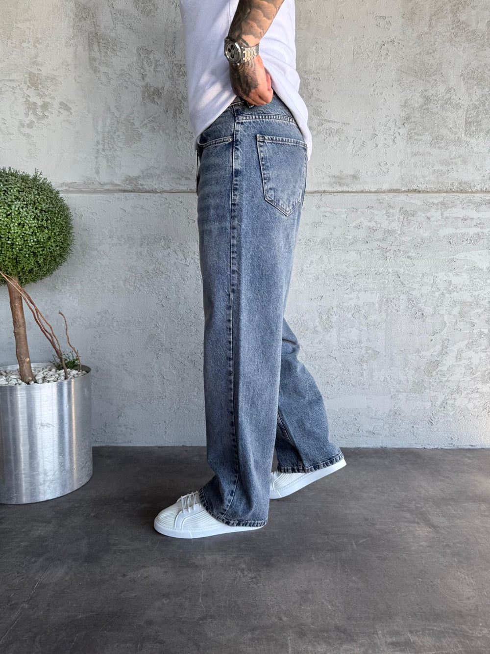 Mavi Taşlamalı Relax Baggy Jean