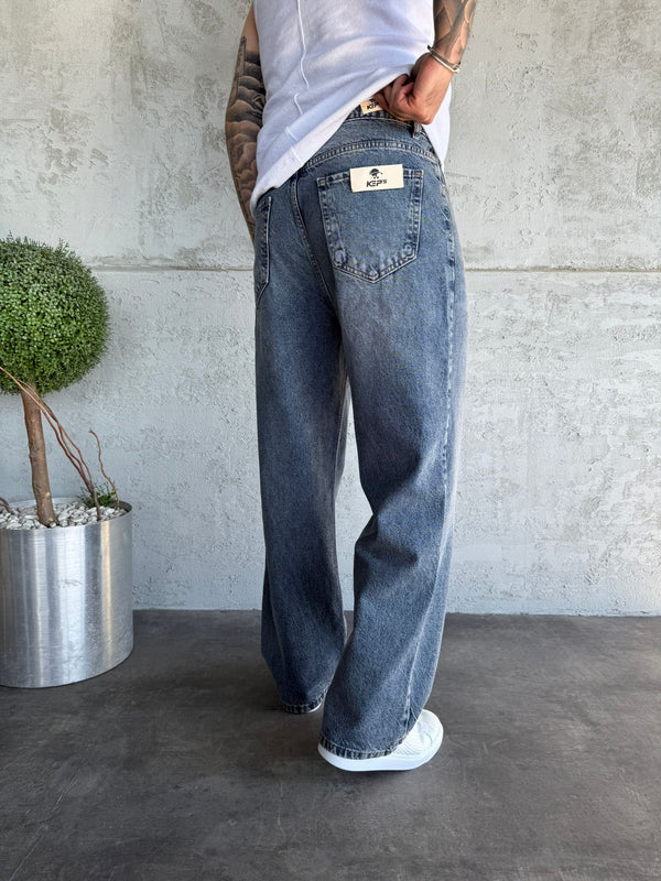 Mavi Taşlamalı Relax Baggy Jean