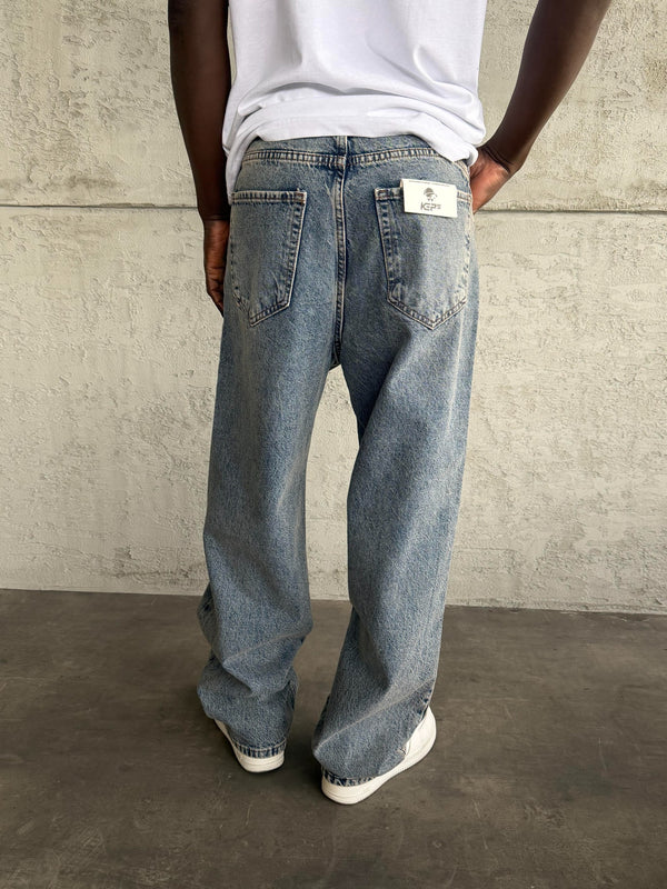 Mavi Taşlamalı Relax Baggy Jean
