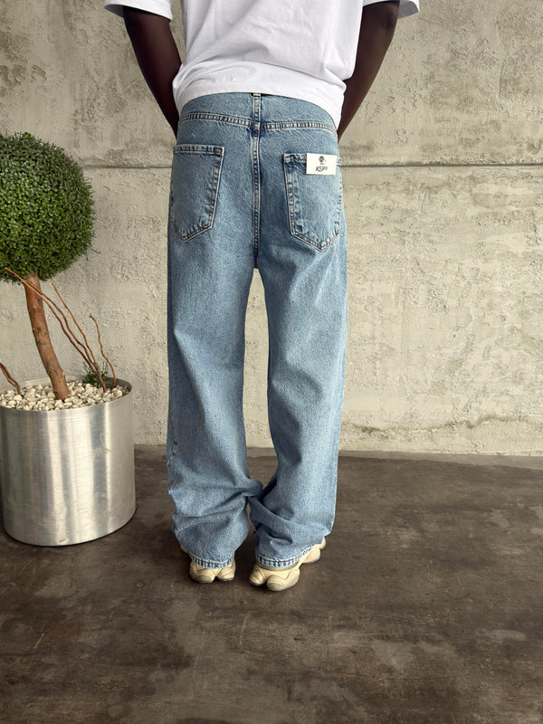 Mavi Taşlamalı Relax Baggy Jean