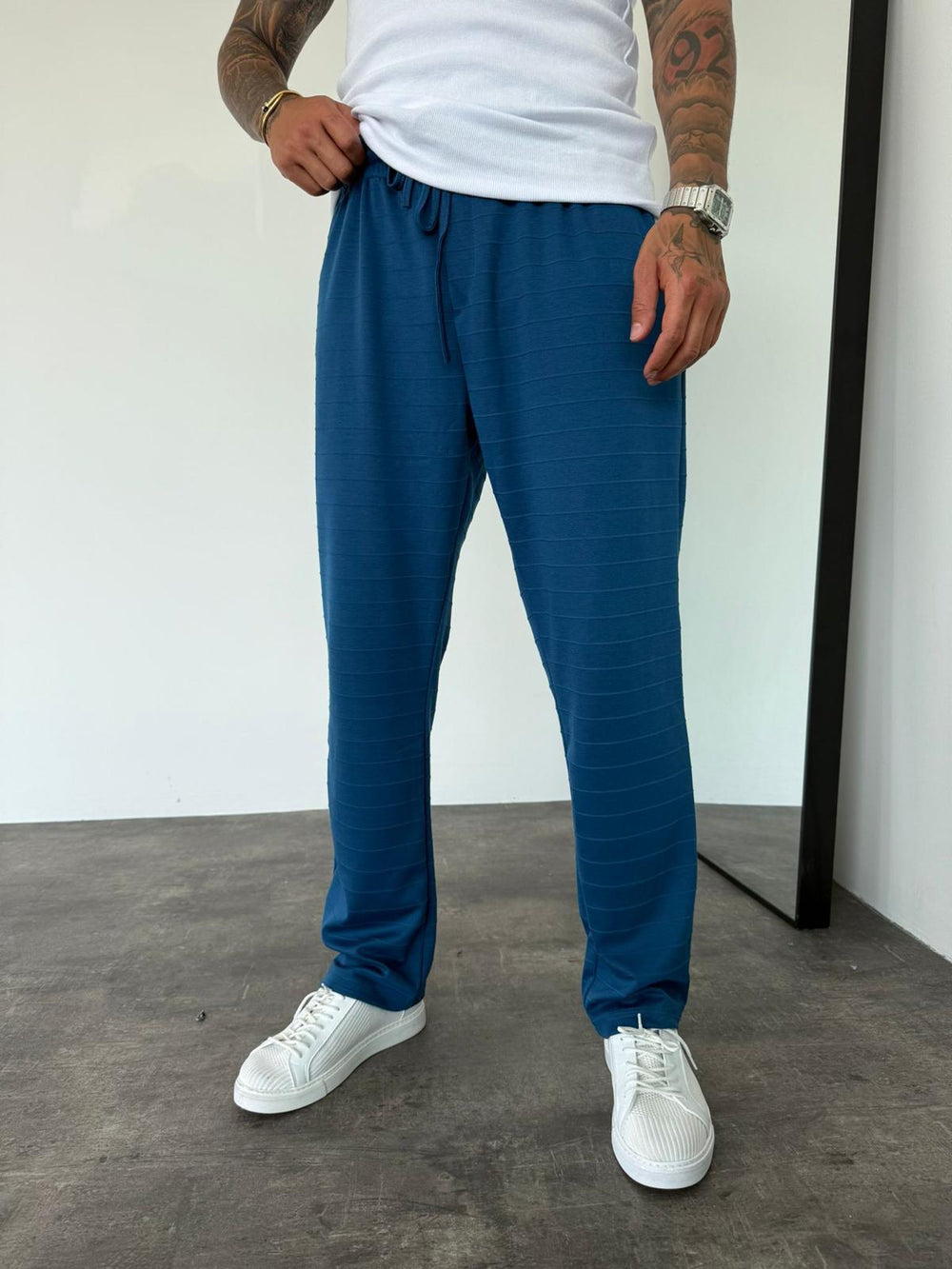 Mavi Yatay Çizgili Baggy Eşofman
