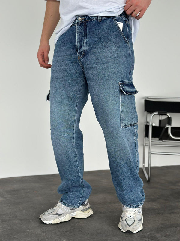 Mavi Yıkamalı Kargo Cep Baggy Jean