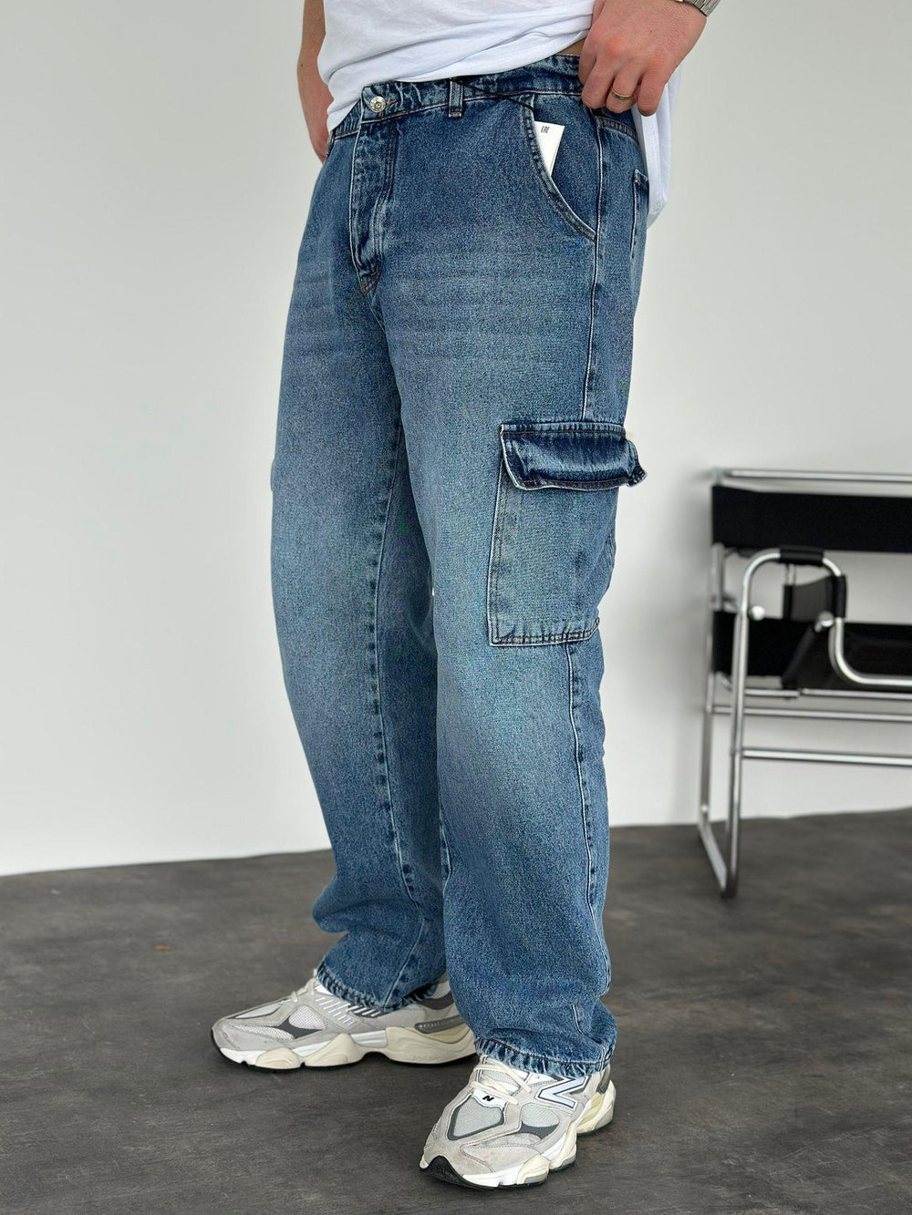 Mavi Yıkamalı Kargo Cep Baggy Jean