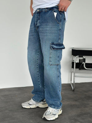 Mavi Yıkamalı Kargo Cep Baggy Jean