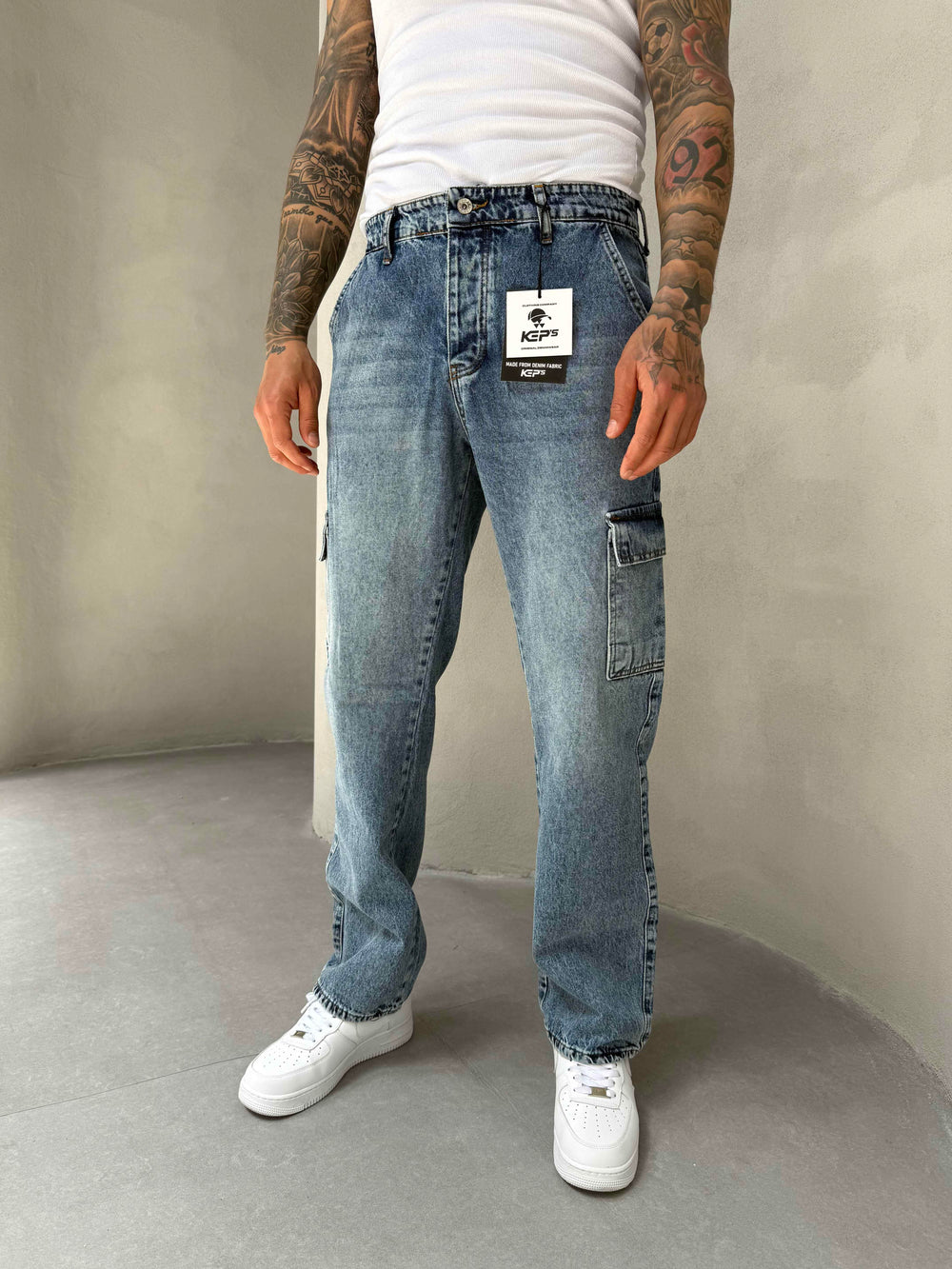 Mavi Yıkamalı Kargo Cep Baggy Jean