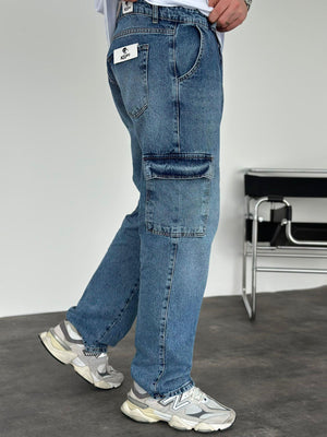 Mavi Yıkamalı Kargo Cep Baggy Jean