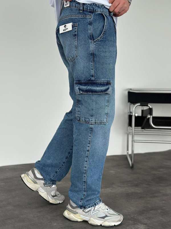 Mavi Yıkamalı Kargo Cep Baggy Jean