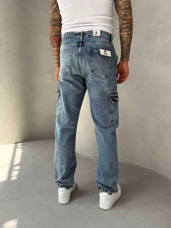 Mavi Yıkamalı Kargo Cep Baggy Jean