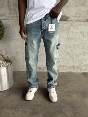 Mavi Yıkamalı Kargo Cep Baggy Jean