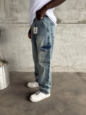 Mavi Yıkamalı Kargo Cep Baggy Jean