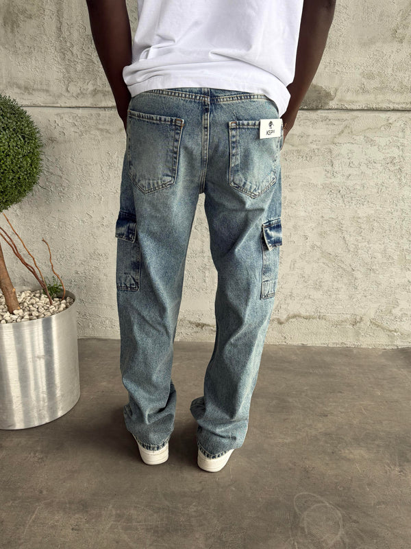 Mavi Yıkamalı Kargo Cep Baggy Jean