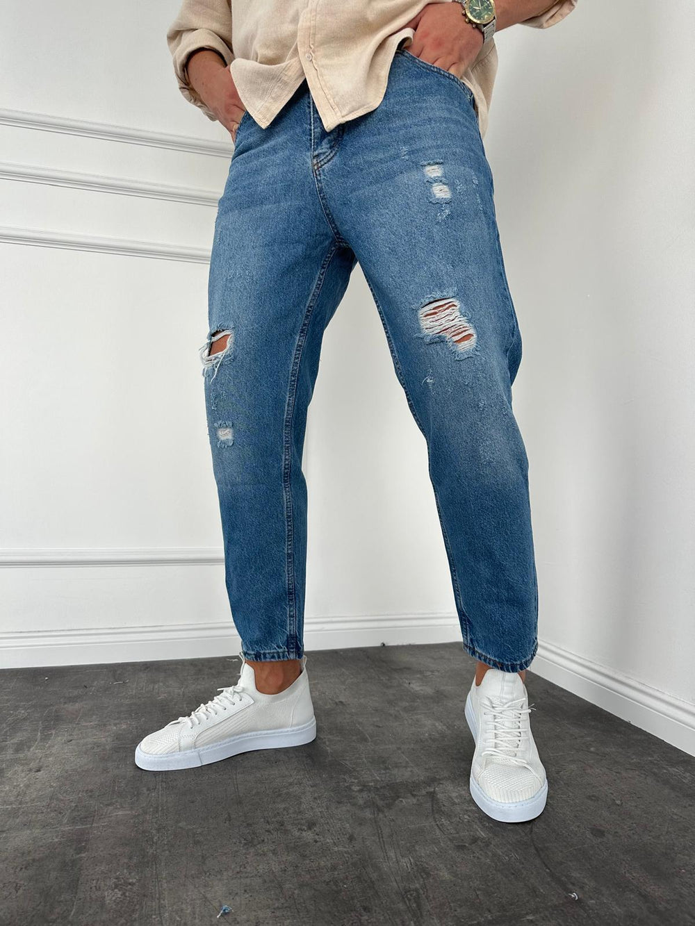 Mavi Yırtık Detaylı Boyfriend Jean