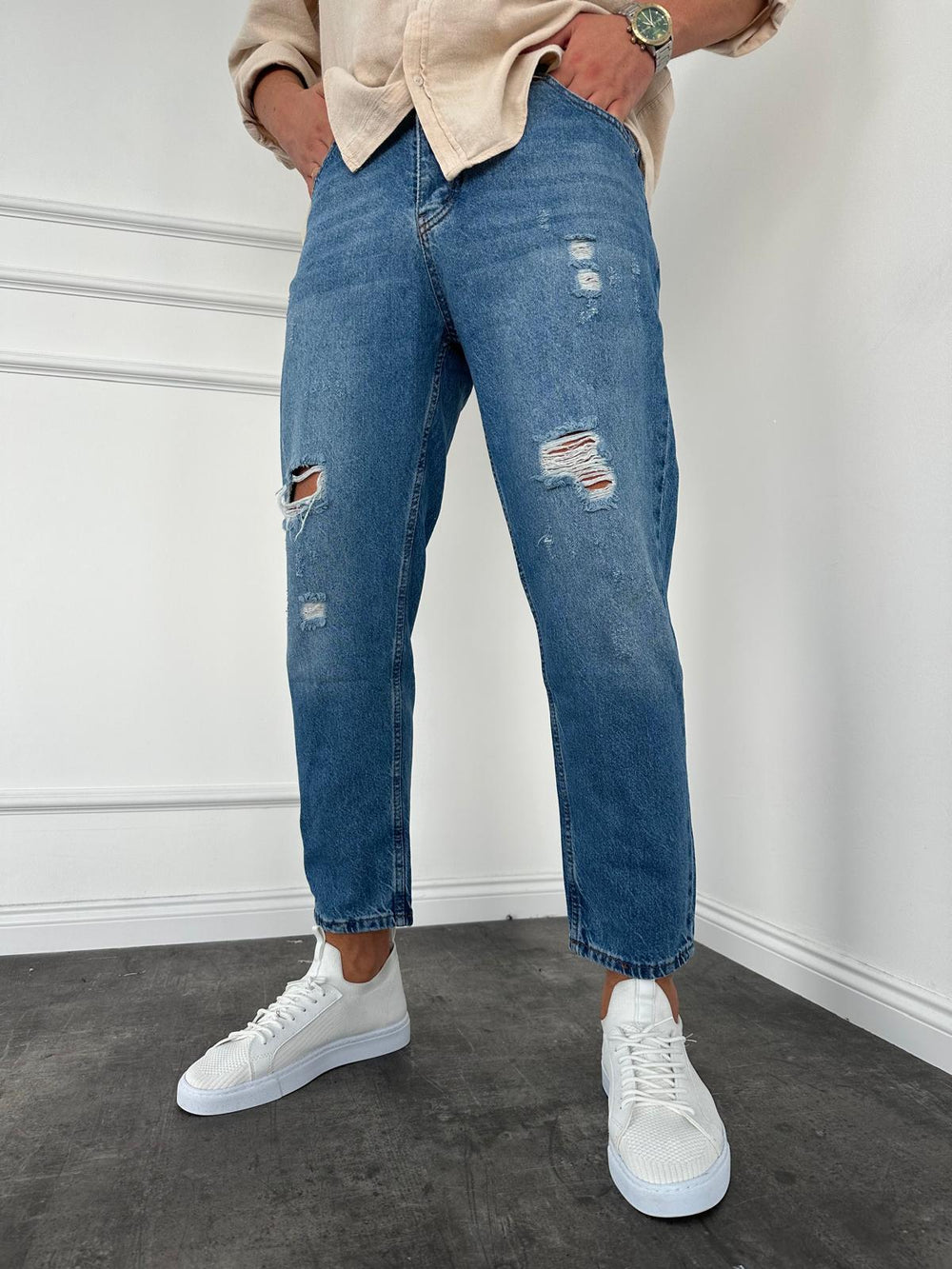 Mavi Yırtık Detaylı Boyfriend Jean